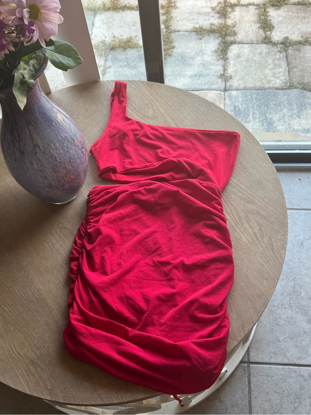 Lucy in the Sky Sparkly One-Shoulder Ruched Red Dress